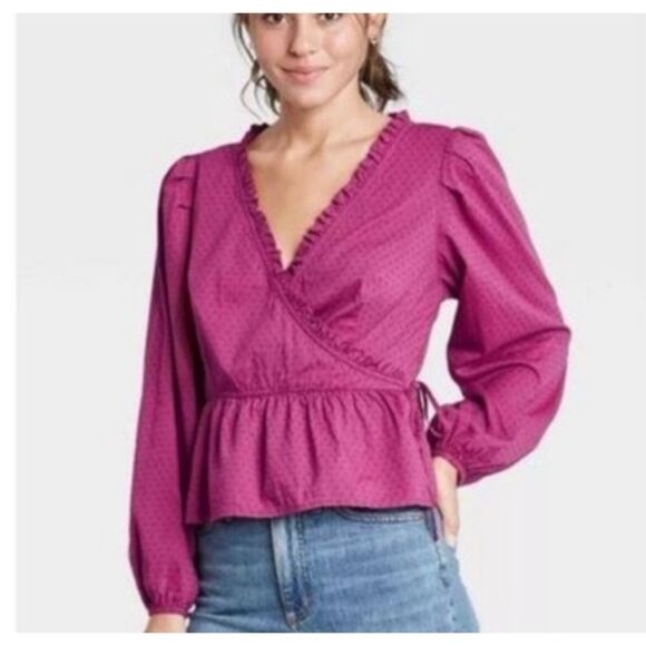 Universal Thread Plus Size Balloon Long Sleeve Fuchsia Wrap Top - Picture 1 of 14